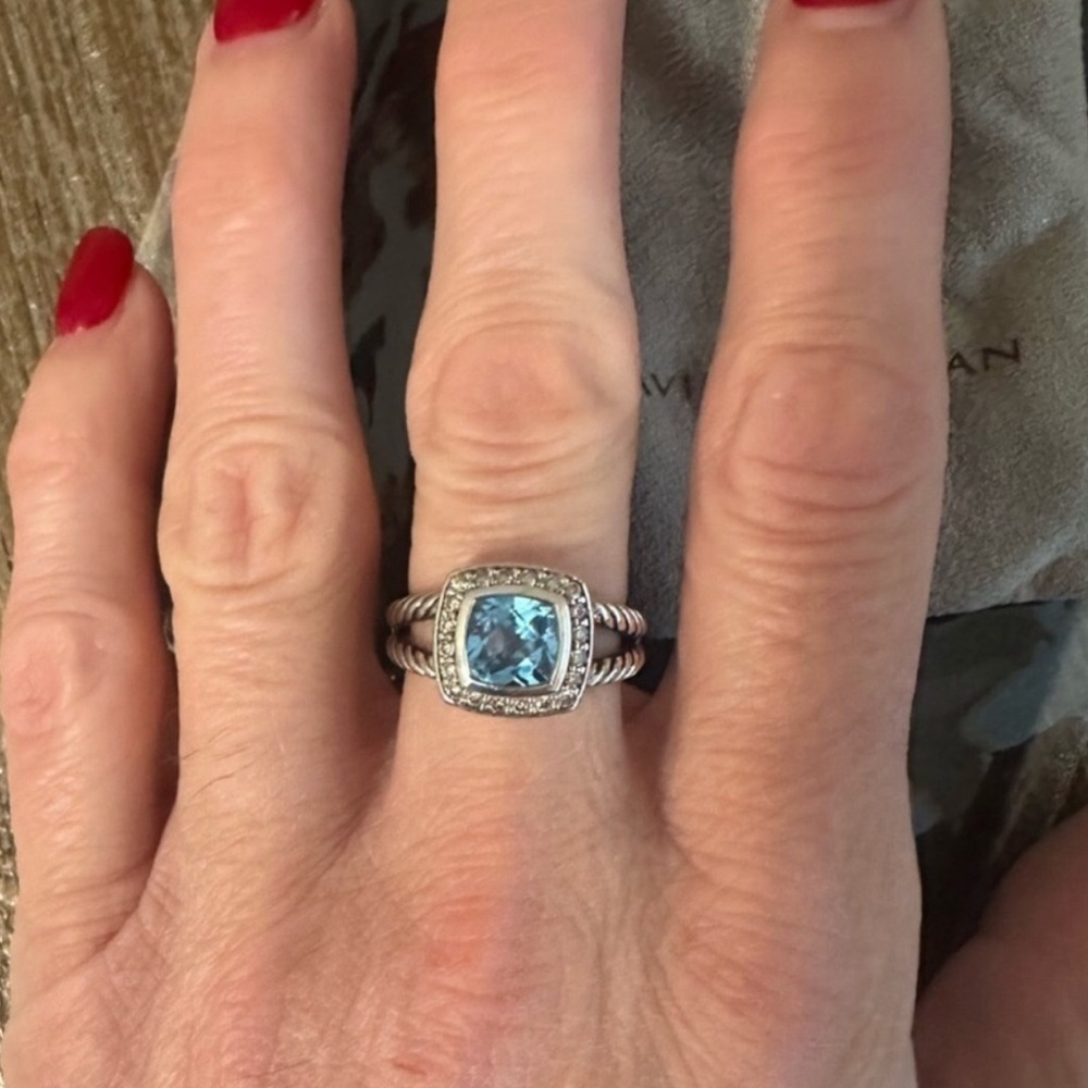 David Yurman Blue Topaz Petite Albion Ring Diamond Halo Ring sz8 - Picture 3 of 4